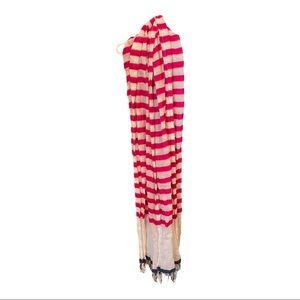 Summer weight colorful long fuchsia, white, orange and blue fringed scarf